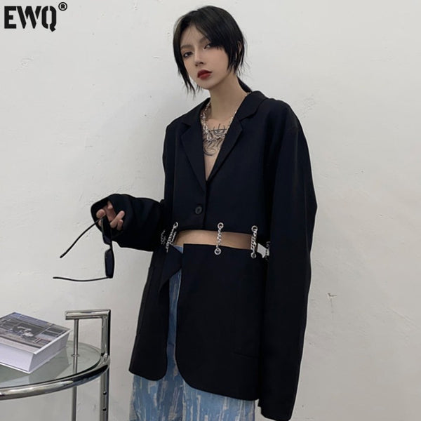 [EWQ] Tide Autumn 2023 Female Sashes Black Button Turn-down Collar Long-sleeved Blazer Coat Single Breasted Loose Blazer Top