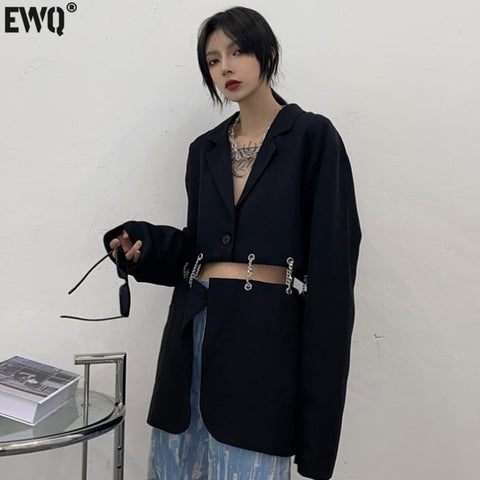 [EWQ] Tide Autumn 2023 Female Sashes Black Button Turn-down Collar Long-sleeved Blazer Coat Single Breasted Loose Blazer Top