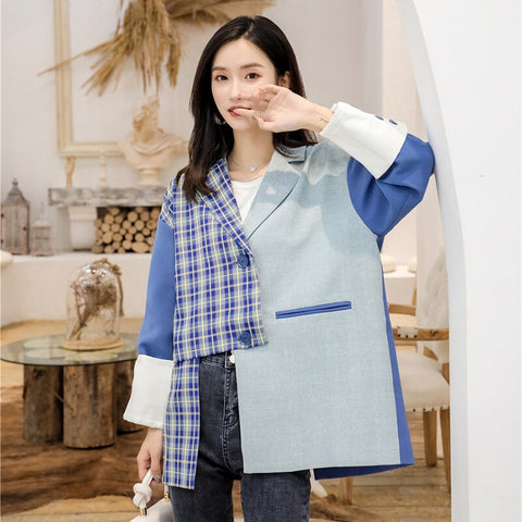 [EWQ] Trend Coat Feminino Irregular Stitching Blazer Women Spring Autumn Suit Jackets Blue Plaid Spliced Big Size 16W1617