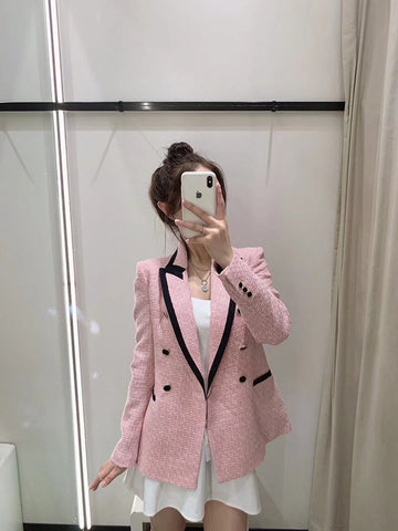 [EWQ] Trend Coat Feminino Loose Blazer Retro Double-breasted Queen Autumn Clothing Loose Casual Pink Top