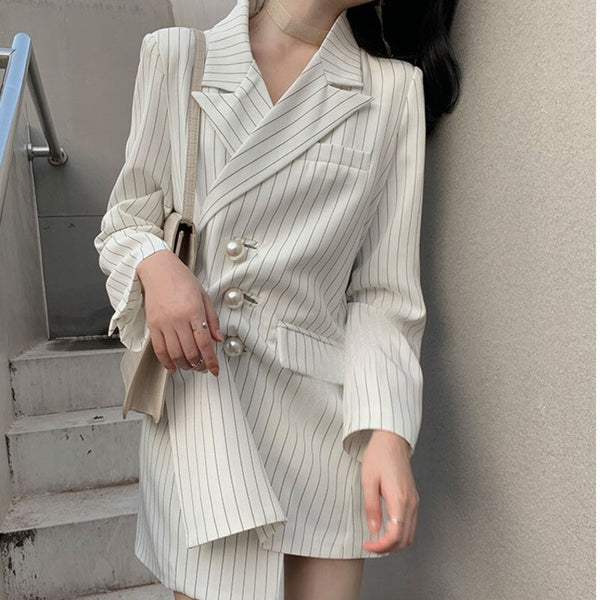 [EWQ] Trend Coat Feminino Vertical Stripes Pearl Button Lapel Blazer Japanese Style Slim Long-sleeved Clothing Coats White W1581