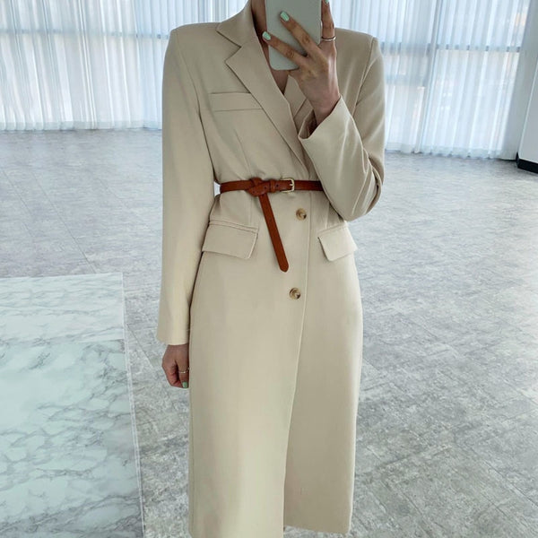 [EWQ] Women Autumn 2022 Notched Loose Single Breasted Slim Long Office Blazer Clothing Long Sleeve Suit Jacket No Belt 5E293