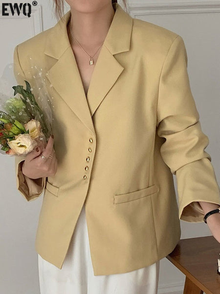[EWQ] Women Chic Metal Single Breasted Loose Long Sleeve Suit Short Jacket 2023 Autumn Trend Ladies Office Blazer Y2936
