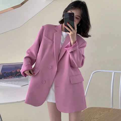 [EWQ] Women Pink Casual Solid Color 1 Blazer Notched Long Sleeve coats Loose Jacket Tide Autumn 2022 16F0665