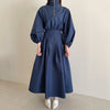 [EWQ] Women's Spring 2023 Stand Collar Waist Long Puff Sleeve Mid-calf Solid Color Dresses Female Tide 5E2959