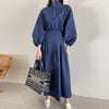 [EWQ] Women's Spring 2023 Stand Collar Waist Long Puff Sleeve Mid-calf Solid Color Dresses Female Tide 5E2959