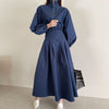 [EWQ] Women's Spring 2023 Stand Collar Waist Long Puff Sleeve Mid-calf Solid Color Dresses Female Tide 5E2959