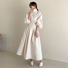 [EWQ] Women's Spring 2023 Stand Collar Waist Long Puff Sleeve Mid-calf Solid Color Dresses Female Tide 5E2959