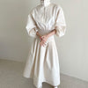 [EWQ] Women's Spring 2023 Stand Collar Waist Long Puff Sleeve Mid-calf Solid Color Dresses Female Tide 5E2959