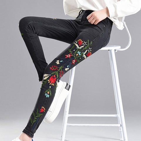 Embroideried Pencil Jeans for Women High Waist Skinny Denim Pants Plus Size Ankle-Length Pantalones Stretch Jeans Female