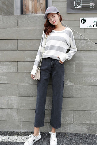 High Waist Solid Jeans For Wemen Split Casual Winter Spring Wide Leg Denim Trousers Loose Boyfriends Straight Pants