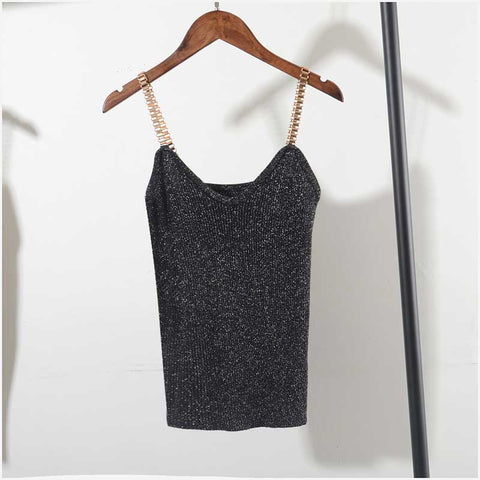 chic New Summer Fashion knit solid Tanks Top Women Sexy V Neck girl female shiny Knitted Camisole Crop Tops bling