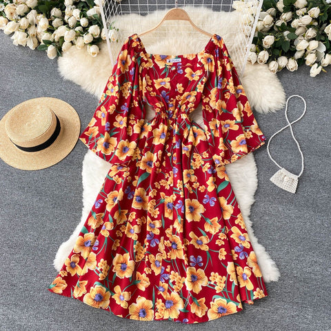 Early Autumn Dress for Women Vintage Floral Print Square Collar Three Quarter Sleeve Elastic Waist A-line Midi Party Beach Dress