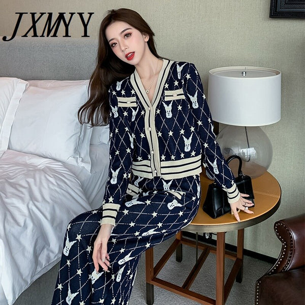 Early Autumn Small Fragrance Suit Trousers Knit Age-Reducing Western Women's Wide-Leg Pants Cardigan Two-Piece Suit
