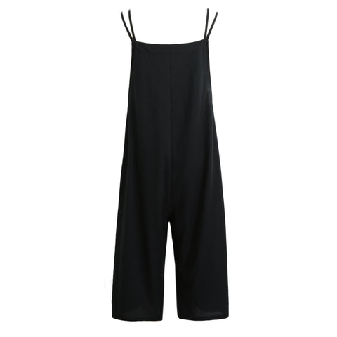 Plus Size Women Cotton Pockets Long Wide Leg Romper Strappy Dungaree Overalls Casual Loose Solid Jumpsuit Trousers