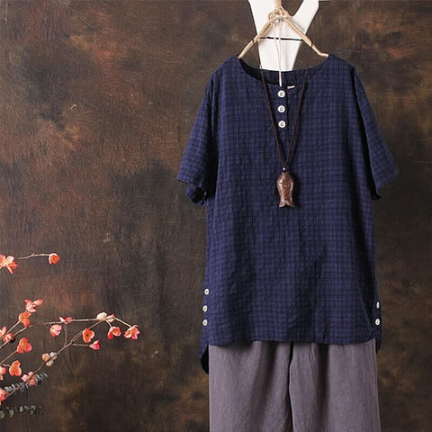 Women Blouse Cotton Linen Top Solid Buttons Irregular Hem Shirt Short Sleeve Chemise Femme Casual Loose Blusas Plus Size