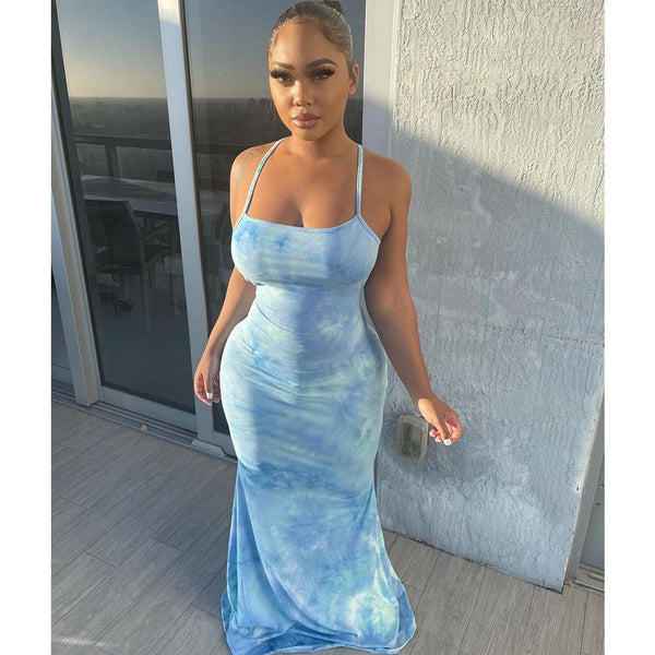 Echoine Tie Dye Printed Long Maxi Dress Elegant Backless Sexy Summer Dresses Vacation Lace Up Sundress Ladies Skinny Vestidos