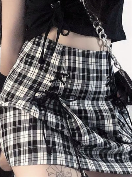 Egirl Lace Up Y2K Mini Plaid Skirt Harajuku Preppy High Waist A Line Skirts Womens Streetwear Vintage Chic JK Short Faldas