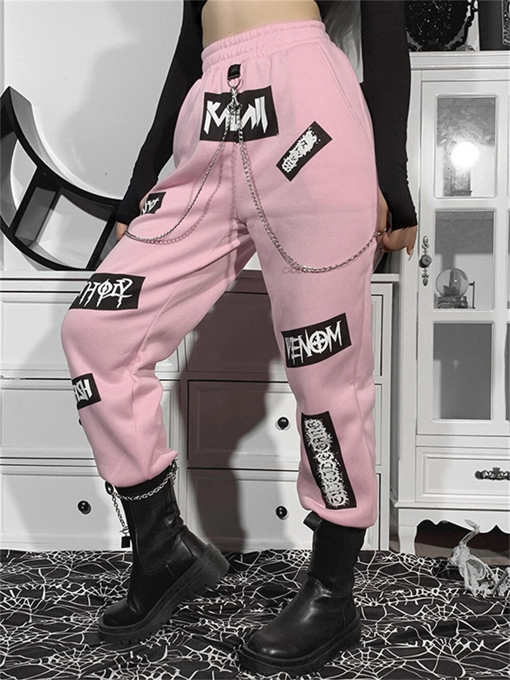 Egirl Y2k Track Pink Pants for Women Goth Print Jogging Slim Fit Sport ...
