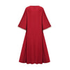 Eid Mubarak Muslim Ladies Embroidered Dress Burgundy V-neck Party Morocco Dubai Lace Edge Long Sleeve Plus Size Robe