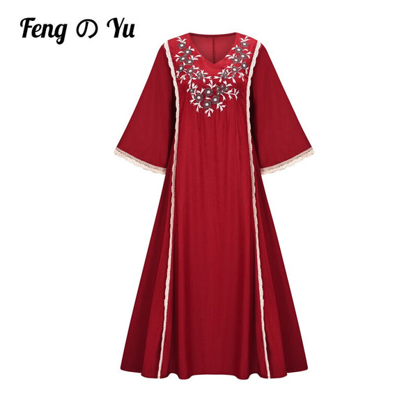 Eid Mubarak Muslim Ladies Embroidered Dress Burgundy V-neck Party Morocco Dubai Lace Edge Long Sleeve Plus Size Robe