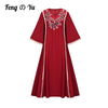 Eid Mubarak Muslim Ladies Embroidered Dress Burgundy V-neck Party Morocco Dubai Lace Edge Long Sleeve Plus Size Robe