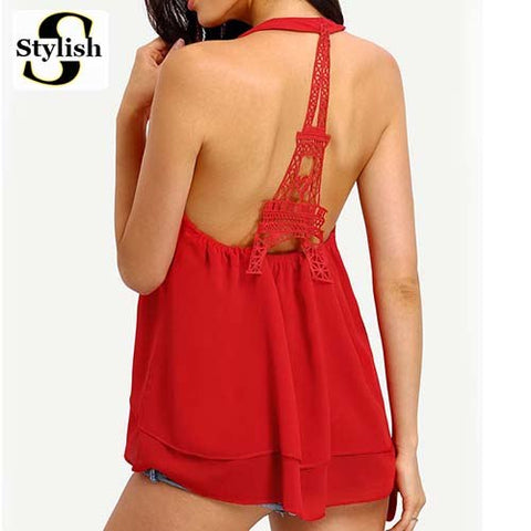 Eiffel Tower Tank Tops Women Sexy Sleeveless Backless Shirt Female 2022 Summer Halter Neck Chiffon Camis European Ladies Vest