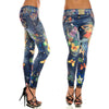 Elastic Ankle-length Slim Punk Style Faux Denim Pencil Pants Sexy Women Leggings Butterfly Flower Printed Imitation Jeans