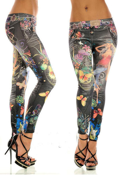 Elastic Ankle-length Slim Punk Style Faux Denim Pencil Pants Sexy Women Leggings Butterfly Flower Printed Imitation Jeans