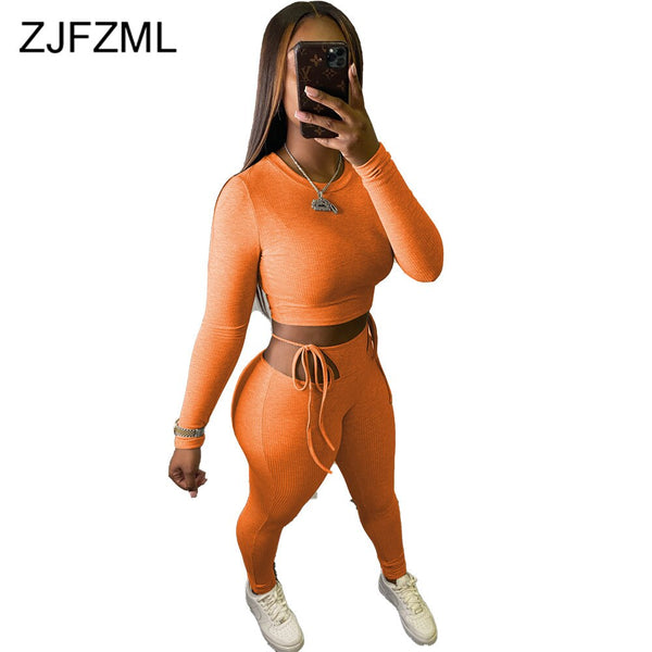 Elastic Hight Ribbed Fitness Tracksuits Woment Two Piece Set Long Sleeve Bandage Crop Top and Side Hollow Pencil Pant Sweatsuit