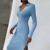 Elastic Slim Lady Solid Party Dress Sexy V Neck Elegant Long Sleeve Rib Knitted Dress 2023 Women Side Split Long Dress