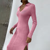 Elastic Slim Lady Solid Party Dress Sexy V Neck Elegant Long Sleeve Rib Knitted Dress 2023 Women Side Split Long Dress