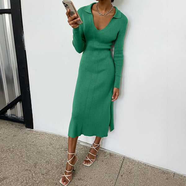 Elastic Slim Lady Solid Party Dress Sexy V Neck Elegant Long Sleeve Rib Knitted Dress 2023 Women Side Split Long Dress