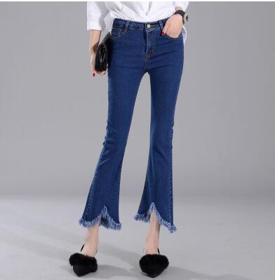 Elasticity Cotton Jeans Women Fashion Flare Pants Denim irregular Tassel High Waist Slim Pockets Dark Blue Ladies trousers