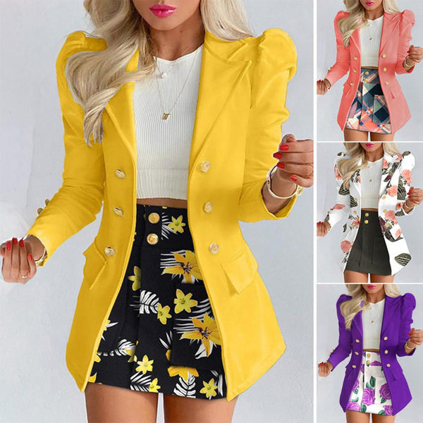 Elegant 1 Set Simple Slim-fitting Blazer Printed Skirt Ladies Suit Coat Skirt Lapel   for Daily Wear