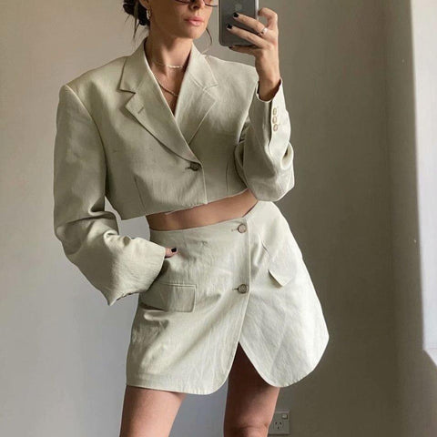 Elegant 2 piece set women pencil skirt suits office sets vintage blazer and skirt sets sexy cropped blazer women short blazer