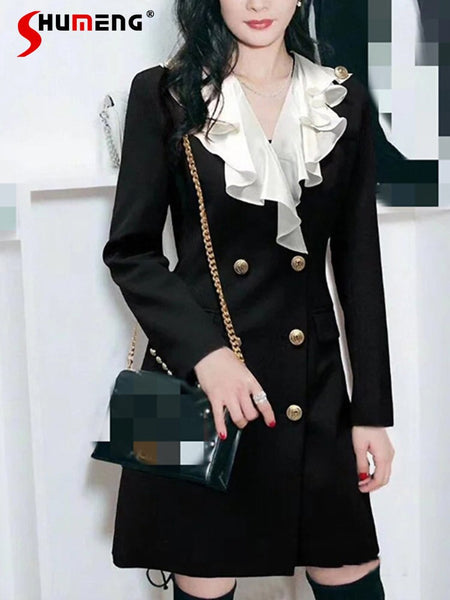 Elegant Black V-neck Flounce Mid Suit Dress Ladies 2023 Fall Commuting Double Breasted Long Sleeve Mid-length Blazer Women