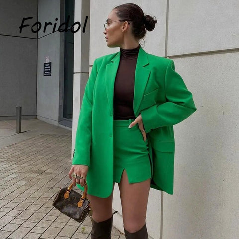 Elegant  Blazer Coat Skirt Sets Two Piece Chic Streetwear Autumn Spring Matching Sets Women Button Up Vintage Outfits for Women