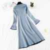 Elegant Bow O-neck Knitted Dress Women Thick Warm Sweater Dress 2022 Autumn Winter Lotus sleeve Female A-line Midi Dresses