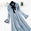 Elegant Bow O-neck Knitted Dress Women Thick Warm Sweater Dress 2022 Autumn Winter Lotus sleeve Female A-line Midi Dresses
