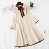 Elegant Bow O-neck Knitted Dress Women Thick Warm Sweater Dress 2022 Autumn Winter Lotus sleeve Female A-line Midi Dresses