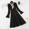 Elegant Bow O-neck Knitted Dress Women Thick Warm Sweater Dress 2022 Autumn Winter Lotus sleeve Female A-line Midi Dresses