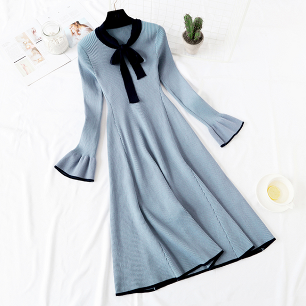 Elegant Bow O-neck Knitted Dress Women Thick Warm Sweater Dress 2022 Autumn Winter Lotus sleeve Female A-line Midi Dresses