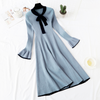 Elegant Bow O-neck Knitted Dress Women Thick Warm Sweater Dress 2022 Autumn Winter Lotus sleeve Female A-line Midi Dresses
