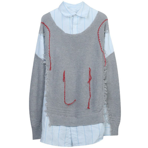 Elegant Broken Patchwork Striped Sweater For Women Lapel Long Sleeve Loose Black Emo Designer Casual Sweaters Female Clothing