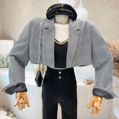 Elegant Business Suit Women's Jacket Autumn 2023 Retro Plaid Chic Suit Collar Long Sleeve Short Suit Blazer Coat Top Ladies