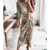 Elegant Button Draped Bandage Lady Shirt Dress  Casual Short Sleeve Beach Long Dress Summer Sexy Deep V Women Party Dress