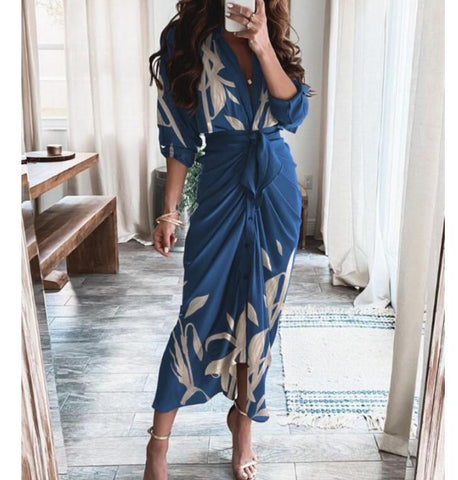 Elegant Button Draped Bandage Lady Shirt Dress  Casual Short Sleeve Beach Long Dress Summer Sexy Deep V Women Party Dress