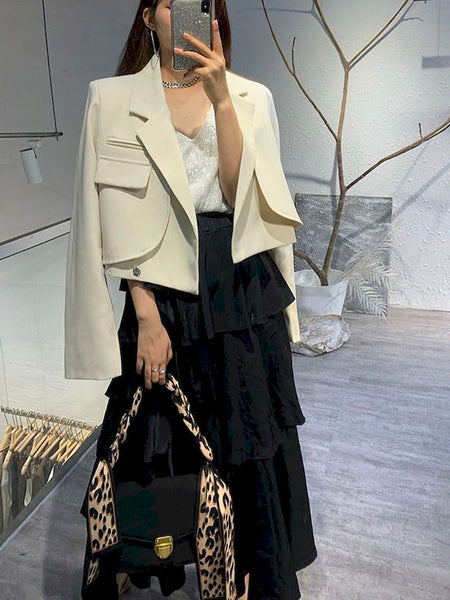 Elegant Chic Crop Suit Jacket for Women Long Sleeve Solid Color Short Blazer Outwear Ladies Korean Single Button Suit Top Blazer