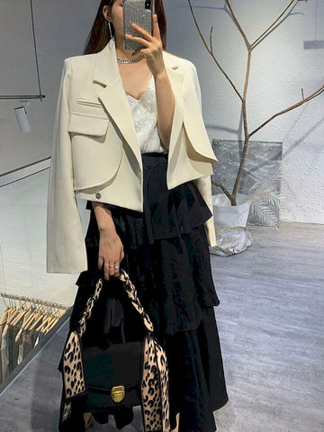 Elegant Chic Crop Suit Jacket for Women Long Sleeve Solid Color Short Blazer Outwear Ladies Korean Single Button Suit Top Blazer